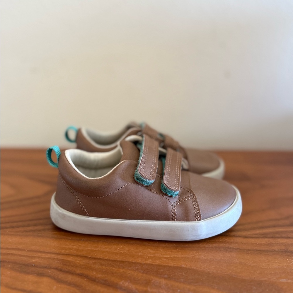 Ten little Kids Brown Leather Casual Sneakers with Aqua Accent